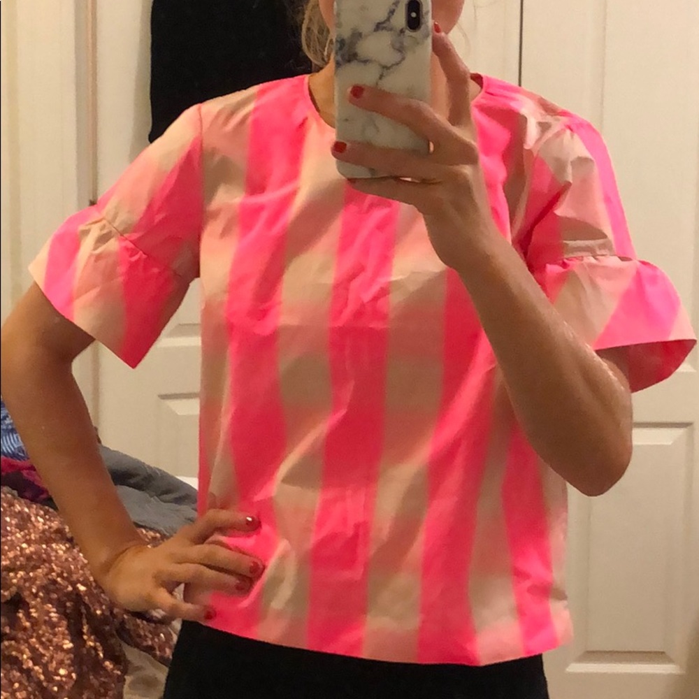 Jcrew neon pink tartan ruffle sleeve top